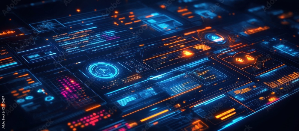 Poster abstract futuristic glowing blue and orange digital interface with various data charts, graphs and i