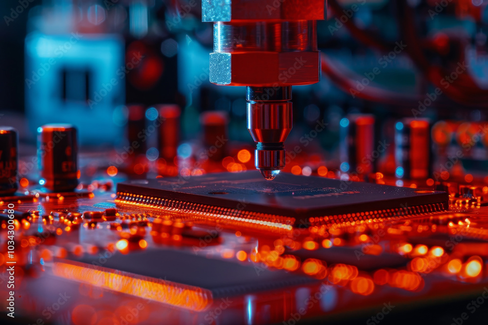 Poster a skilled technician is working on a microprocessor installation on a circuit board in a technology 