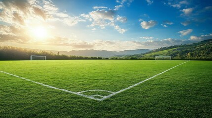 soccer pitch with lush green grass, white goal lines, and a sunny day with a few clouds and distant hills