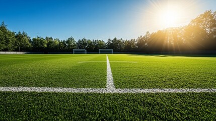 Obraz premium well-kept soccer pitch with perfectly maintained grass, white markings, and a bright, sunny day with clear skies