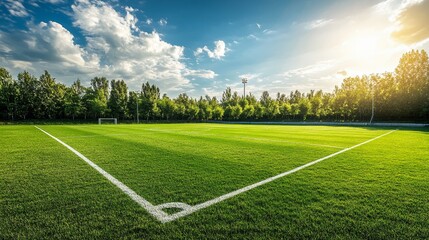 Obraz premium soccer field with well-kept grass, clear white lines, and a backdrop of distant trees under a bright, sunny sky