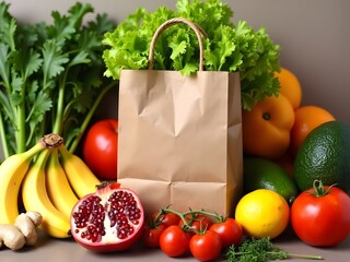 Variety of fresh fruits and vegetables arranged around a brown paper grocery bag. Items include bananas, a pomegranate, tomatoes, a lemon, an orange, ginger, potatoes, garlic, lettuce, and an avocado