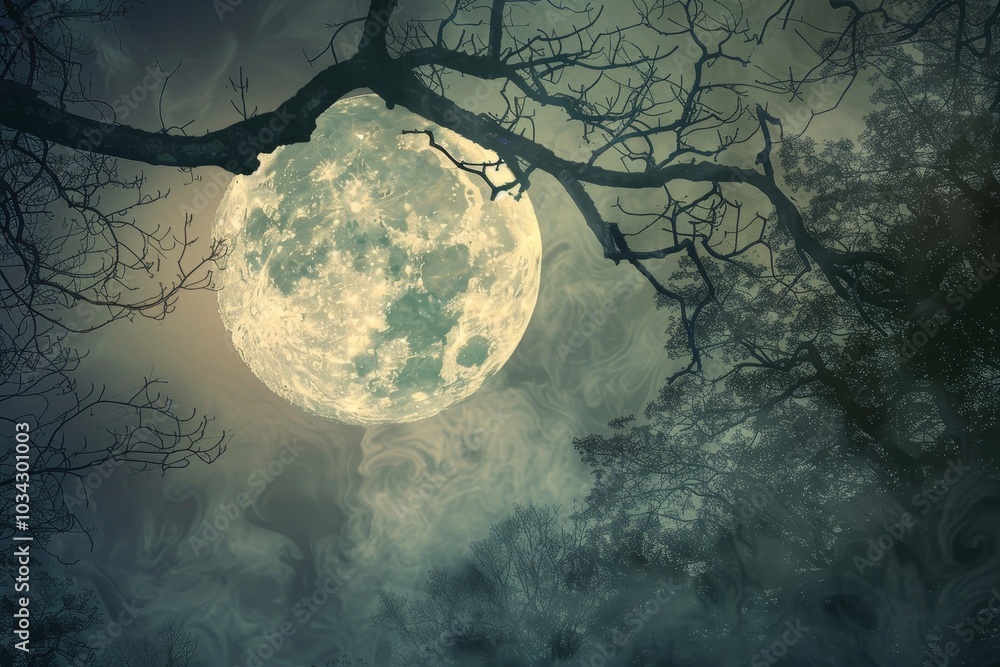 Aufkleber the large full moon casts a soft glow over a misty forest, creating an enchanting atmosphere as tree