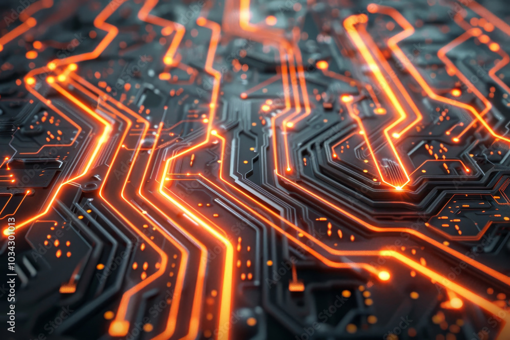 Poster a detailed view showcases a circuit board featuring intricate pathways illuminated in vibrant orange