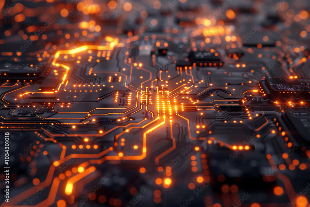 Poster a close-up view reveals a vibrant circuit board, where bright orange lights highlight complex pathwa