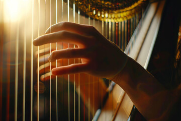 A hand delicately plucks the strings of a harp, creating a melodic sound. The warm glow of sunset enhances the serene atmosphere of the moment