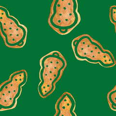 gingerbread tree christmas baking holiday cookies with icing seamless pattern watercolor composition isolated on green background base for cards textile tableware