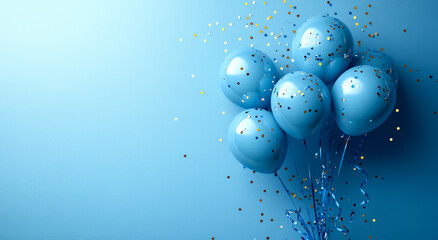 Blue balloons with confetti on blue. Bright blue balloons float against a blue backdrop, with shimmering confetti scattered, perfect for a festive celebration.