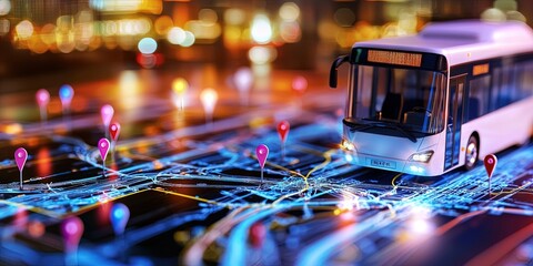 city bus along with pins and a route mapped across city