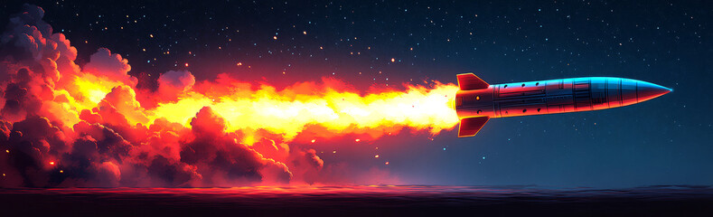 Fototapeta premium Rocket launching into a starry night. A rocket propels into the dark sky, leaving a trail of bright flames against a backdrop of stars during nighttime.