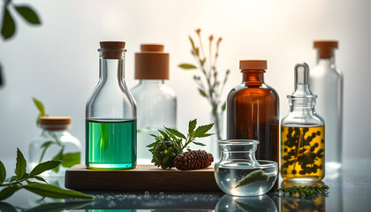 Natural drug research banner, Organic and scientific extraction in glassware, Alternative green herb medicine, Natural skincare beauty products, Laboratory and development concept isolated with whit
