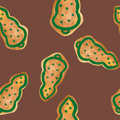 gingerbread tree christmas baking holiday cookies with icing seamless pattern watercolor composition isolated on a brown background base for cards textile tableware