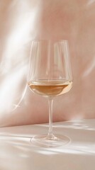 A elegant glass filled with rose wine, beautifully illuminated by soft light, creating a warm and inviting atmosphere.