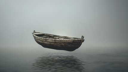 A wooden boat floating in the air grey background