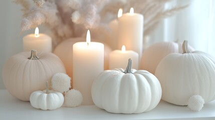 A serene display of white pumpkins and candles, creating a cozy, autumnal aesthetic with soft textures and gentle lighting.