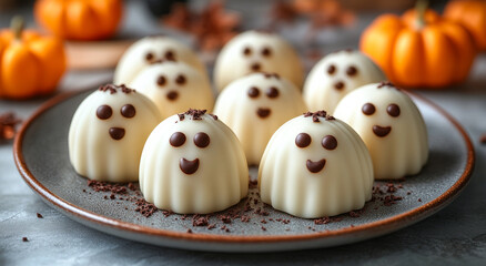Ghostly Halloween desserts on a plate. A delightful arrangement of ghost-shaped sweets, perfect for Halloween celebrations, set against a backdrop of autumn decorations.