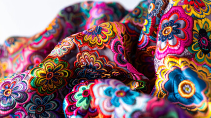 Fototapeta premium Colorful embroidered floral fabric with intricate patterns
