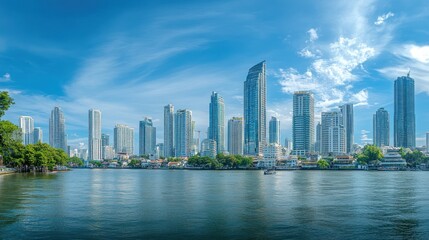 Naklejka premium A panoramic view of a modern city skyline along a river under a bright blue sky.