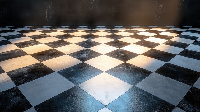 A checkered floor with a light shining on it
