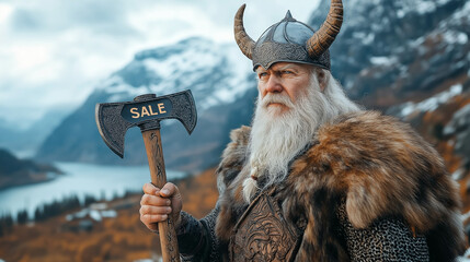 A Viking warrior in a horned helmet holds an axe with the word SALE on it.