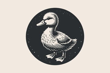little duckling. vintage old retro vector illustration. icon, logo, emblem, ink sketch engraving	