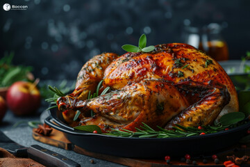 A beautifully roasted turkey, glistening with herbs and spices, is displayed on a black platter surrounded by fresh rosemary and vibrant apples, perfect for a holiday gathering