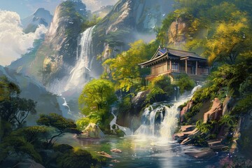 Nestled in a peaceful setting, a traditional structure sits by a cascading waterfall, surrounded by verdant trees and majestic mountains, illuminated by the soft morning light.