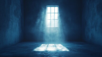 Obraz premium A window in a dark room with a blue wall