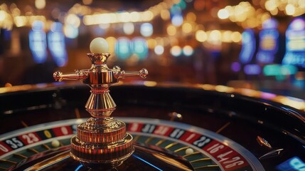 Aesthetic shot of a roulette ball against a blurred casino background, symbolizing luck and chance in gambling.