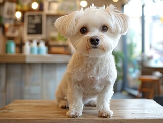 A small, fluffy white dog sits attentively on a wooden table, surrounded by a cozy, softly pet salon environment.