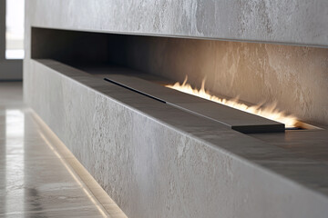 Modern fireplace with a linear flame design, perfectly blending with minimalist interior decor in soft beige tones.