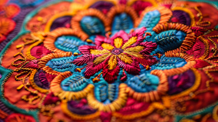 Obraz premium Colorful embroidered floral mandala with intricate stitching on fabric