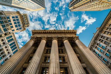 Naklejka premium Majestic columns rise from a classical structure while clouds scatter across a vibrant sky, framed by towering city buildings at dusk.