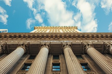 Looking up at the impressive columns of an architectural landmark, the structure stands proud against a backdrop of vibrant blue skies and scattered clouds.