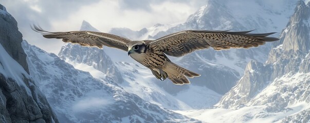 A hawk flies over snowy mountain peaks.
