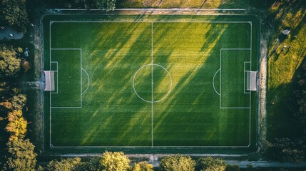 An aerial view of a soccer pitch with well-kept grass, clear white markings, and a bright, sunny day