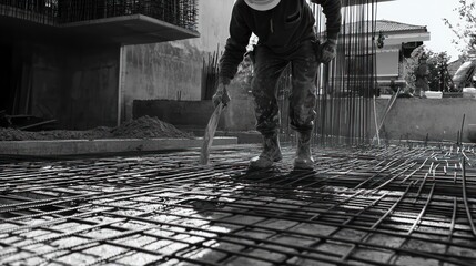 A construction worker leveling concrete on a rebar framework at a building site.