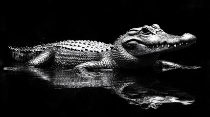 Crocodile Serenity, sleek silhouette of a crocodile resting in a tranquil setting, emphasizing minimalist design and calm aesthetics