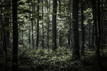 Fototapeta premium As twilight settles in, the forest is bathed in soft light, highlighting the tall trees and rich greenery, creating a peaceful and serene natural environment.