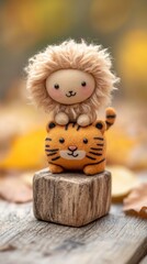 A cute handmade clay figurine of a lion sitting on a tiger, both with big eyes and smiles, standing on a wooden block with fall leaves in the background.