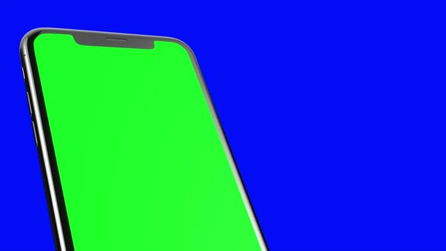 Black smartphone turns on on blue background. Easy customizable green screen. Computer generated image.