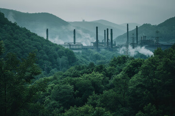 Dark green hills surround a large industrial area where smokestacks emit smoke into the misty sky, creating an atmosphere of environmental concern