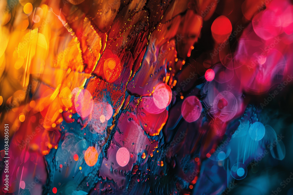 Poster a vivid blend of colors creates an abstract background, with luminous orbs and textured water drople