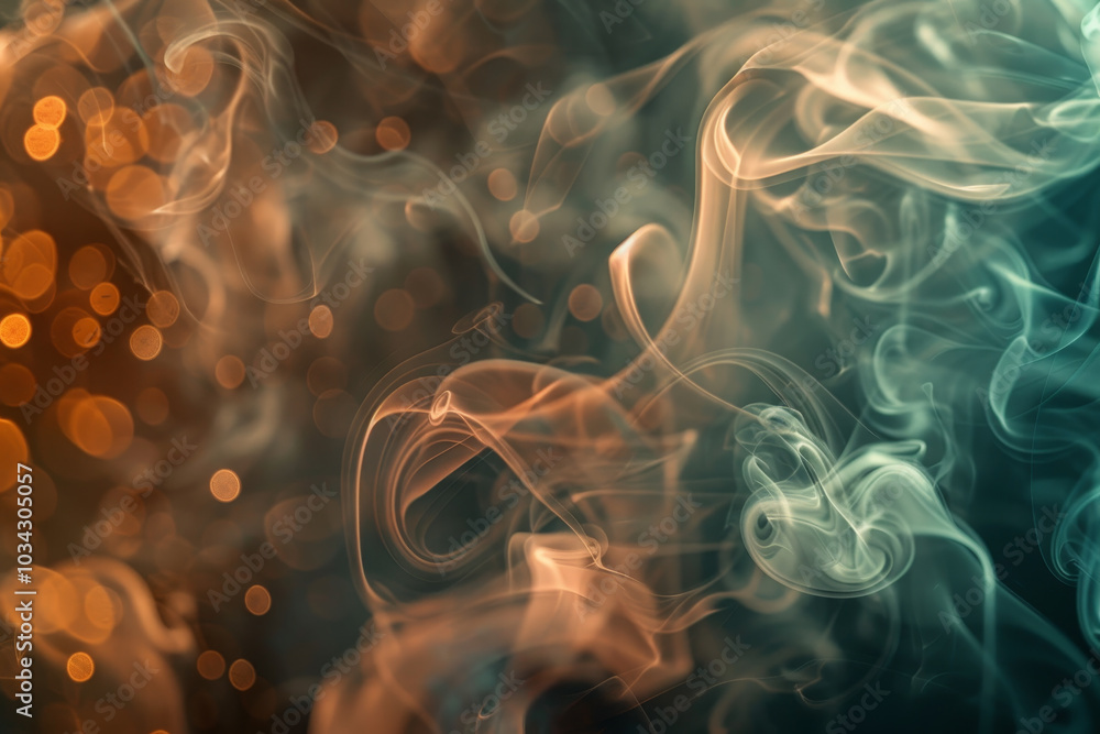 Poster A blend of swirling smoke in various warm and cool tones forms an abstract background, creating a captivating visual effect in low lighting