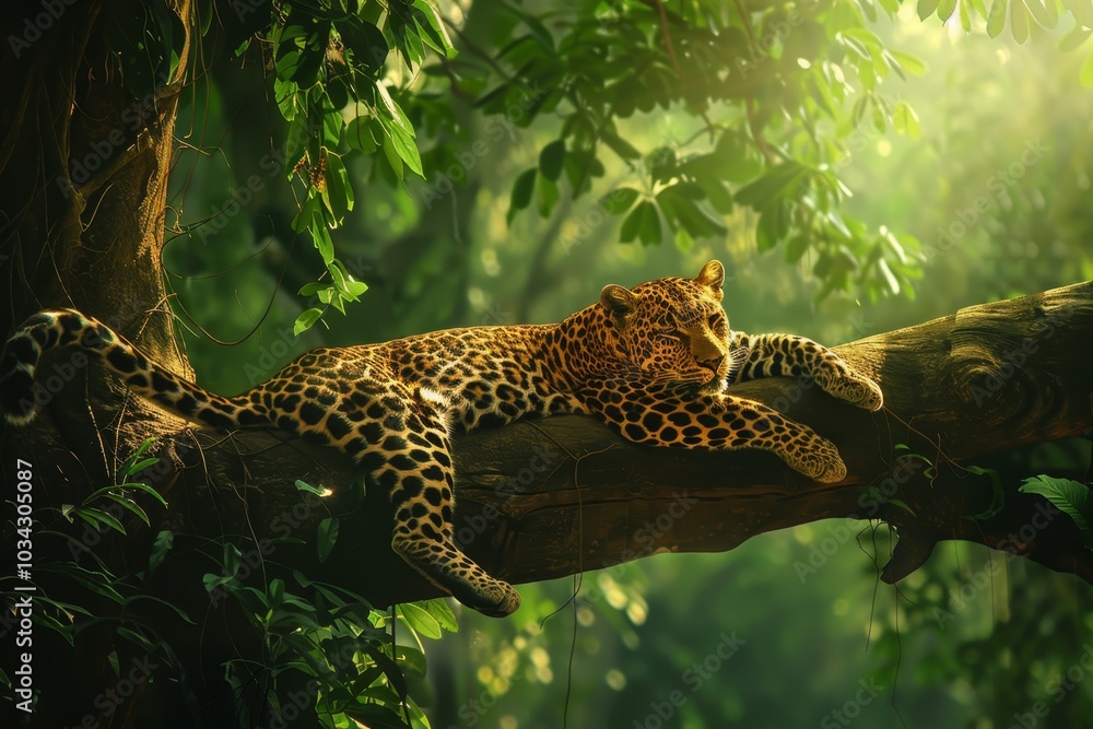 Poster a leopard lounges on a thick tree branch in a dense jungle, illuminated by soft rays of sunlight fil