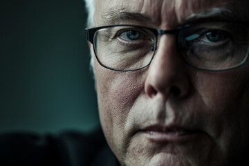 Obraz premium The older man, wearing glasses, gazes intently towards the viewer with a contemplative expression, surrounded by soft shadows in a darkened environment
