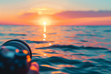 A person holds a camera focused on the tranquil sea as the sun sets, illuminating the horizon with warm hues during the evening twilight