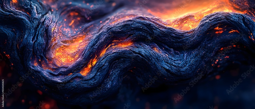 Poster molten lava flows through a hardened, dark blue crust, creating an intricate pattern of fiery veins.
