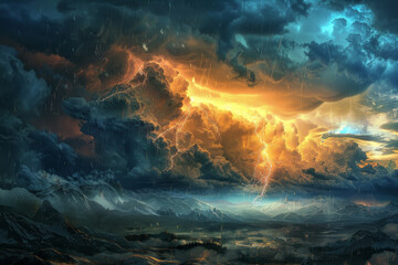 Fototapeta premium A powerful storm brews as dark clouds fill the sky, illuminated by flashes of lightning. The landscape below features rugged mountains and a moody atmosphere during twilight