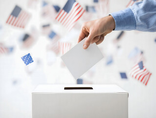 Hand Casting Ballot in Election Ballot Box with American Flags